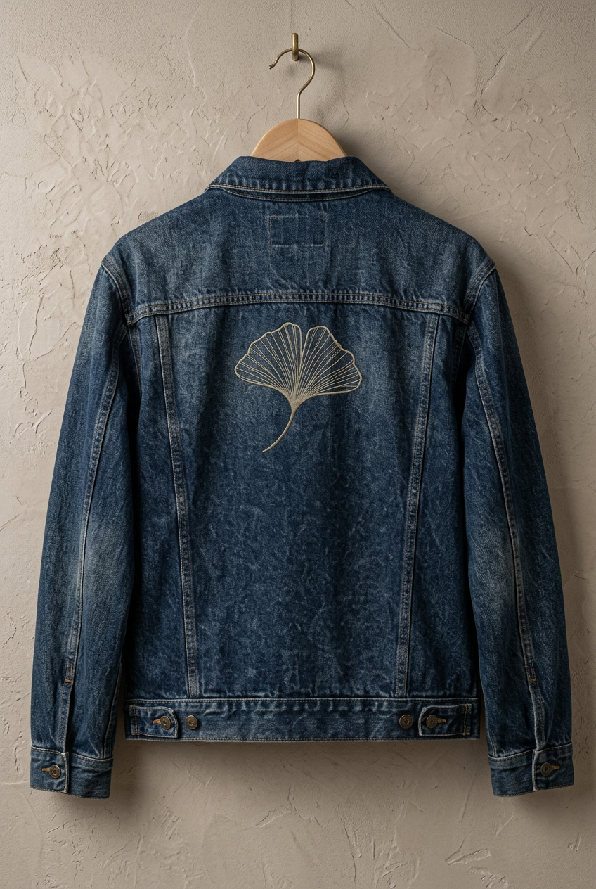Giacca denim SANSEN, vista posteriore con ginkgo