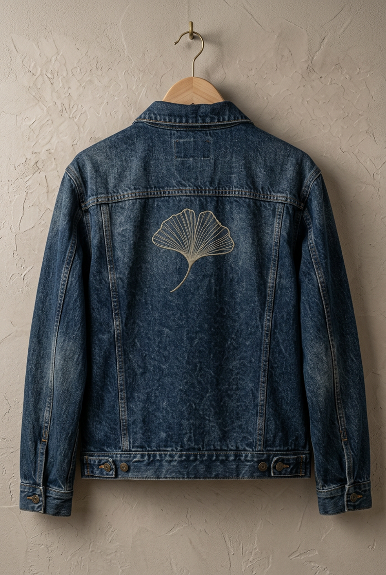 Giacca denim SANSEN, vista posteriore con ginkgo
