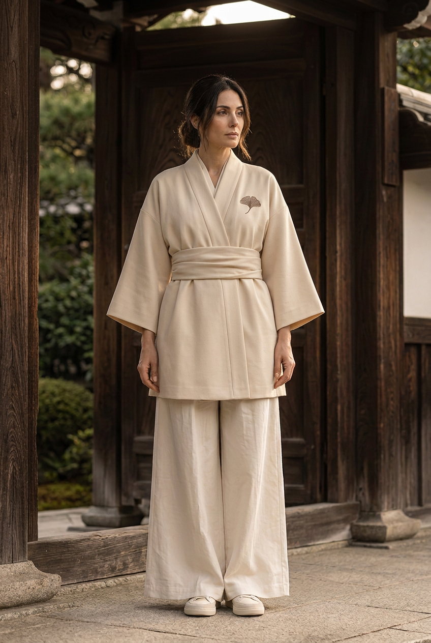 Model wearing the Japanese Heritage soft kimono jacket