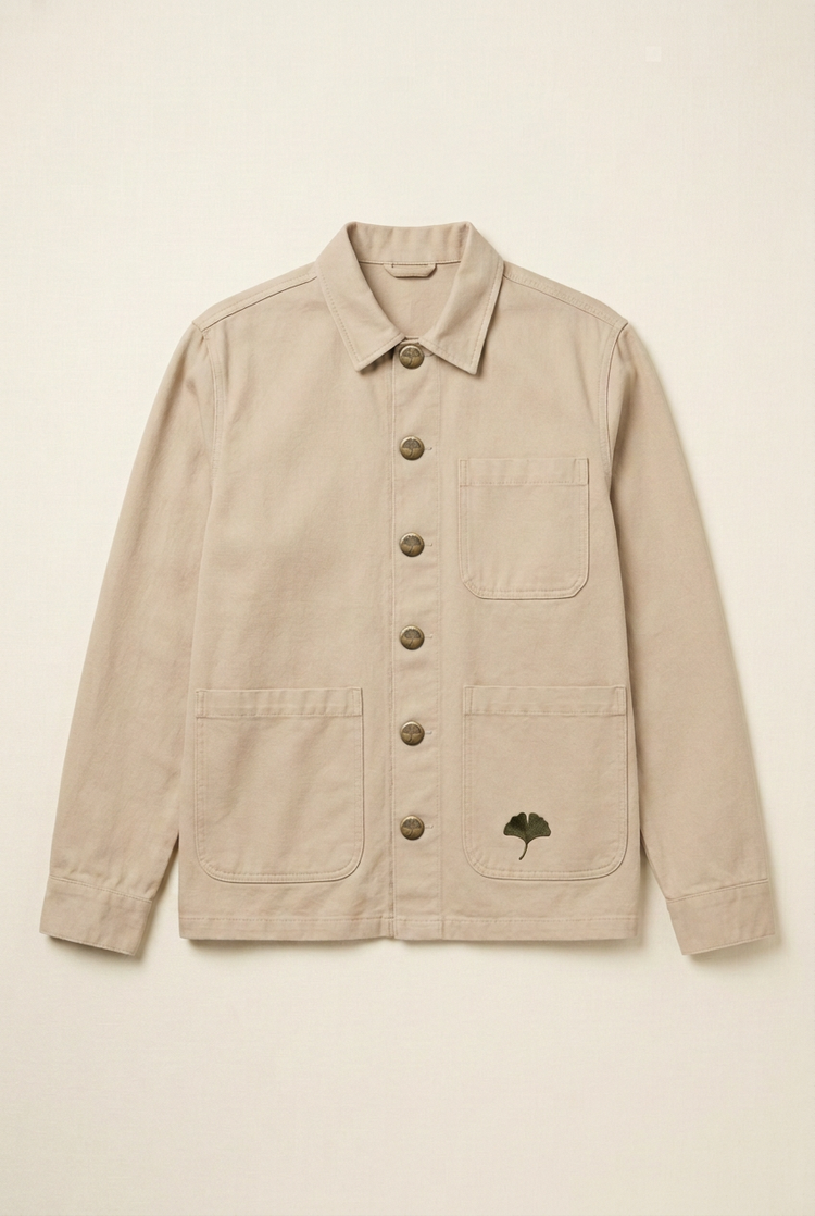 Men's sand jacket front with custom antique brass ginkgo buttons