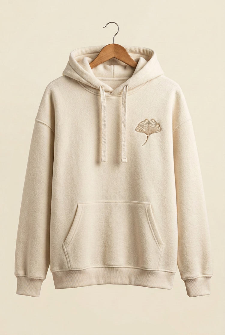 Herick & Belle Casual Nature cream hoodie, front with kangaroo pocket matching the worn image