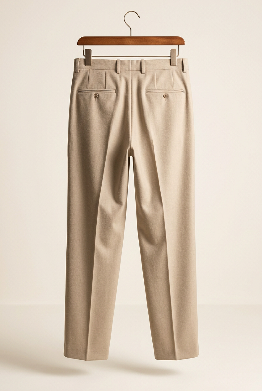 Herick & Belle Minimal Luxury sand pleated trousers, back
