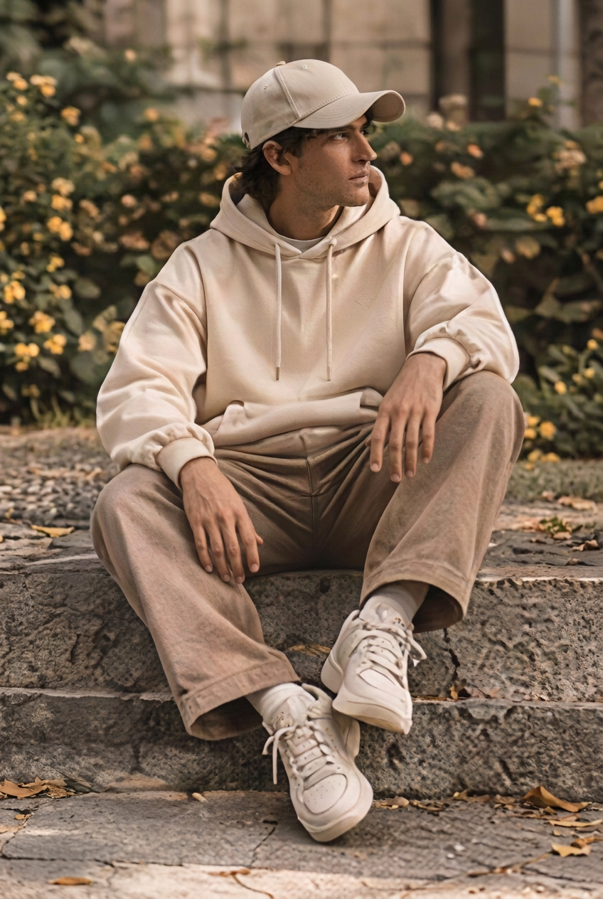 Herick & Belle Casual Nature look 05, seated model, restored image with corrected hands