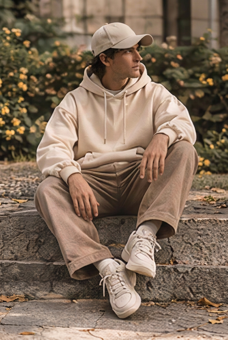 Herick & Belle Casual Nature look 05, seated model, restored image with corrected hands