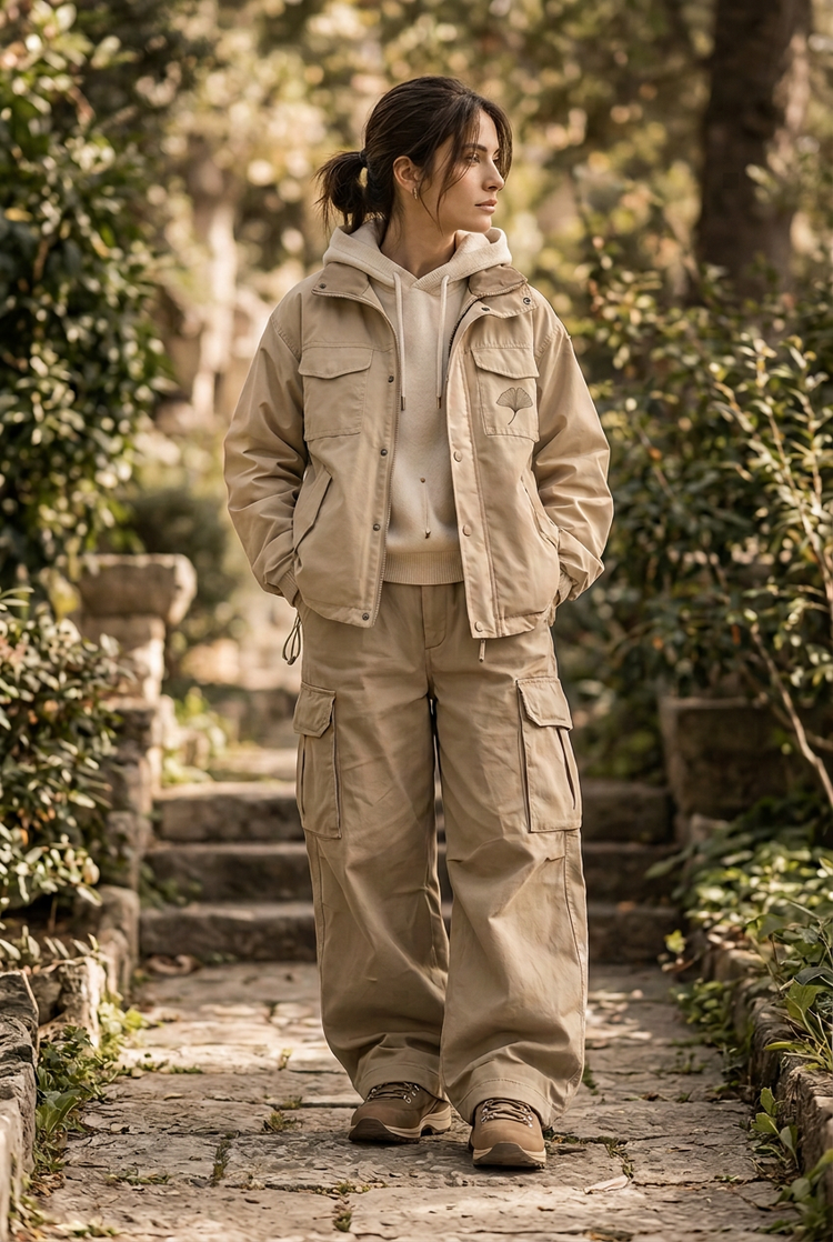 Model wearing the Outdoor Balance sand field jacket