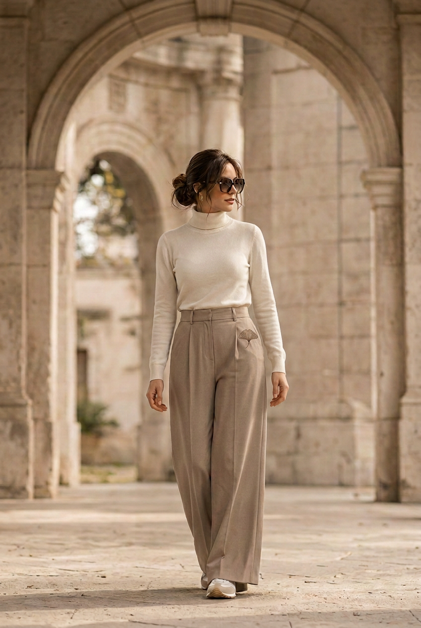 Model wearing the Layering Style taupe tailored wide trousers