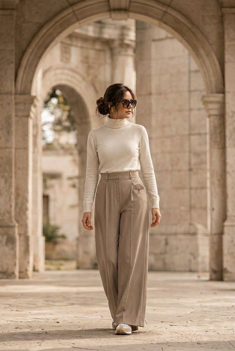 Model wearing the Layering Style taupe tailored wide trousers