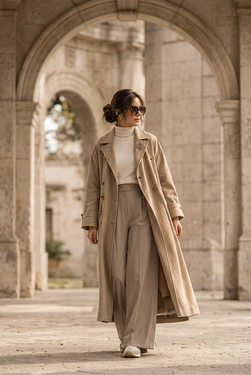 Model wearing the Layering Style camel double-breasted coat