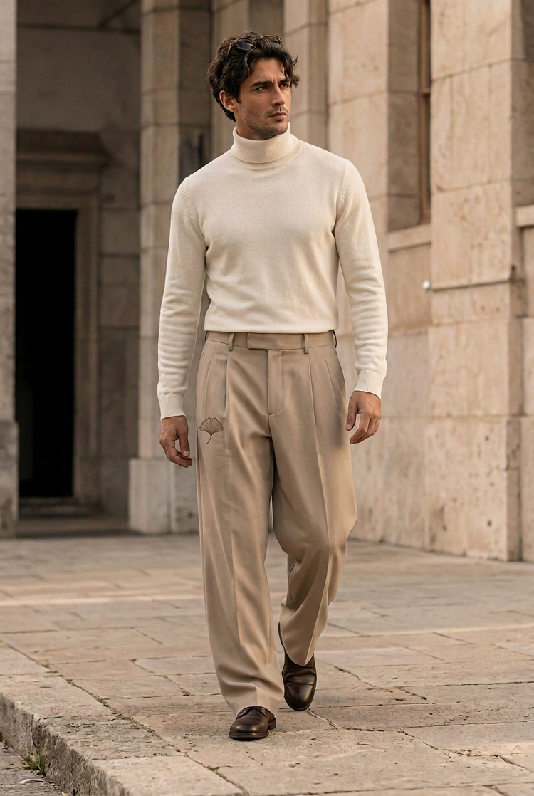 Herick & Belle Layering Style sand ginkgo trousers worn by male model