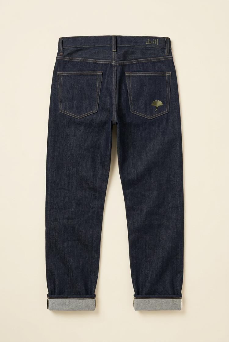 Design preview: indigo jeans back with ginkgo embroidery and 山川 waistband detail