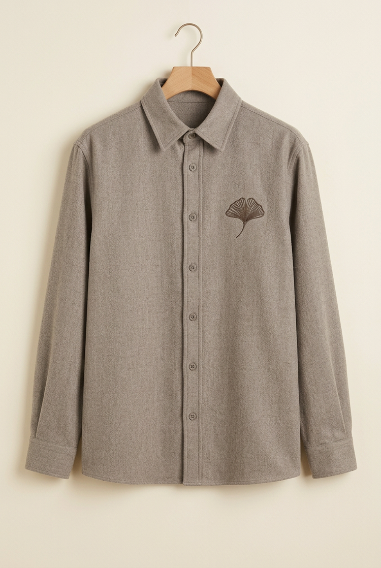Herick & Belle Layering Style taupe ginkgo overshirt, front