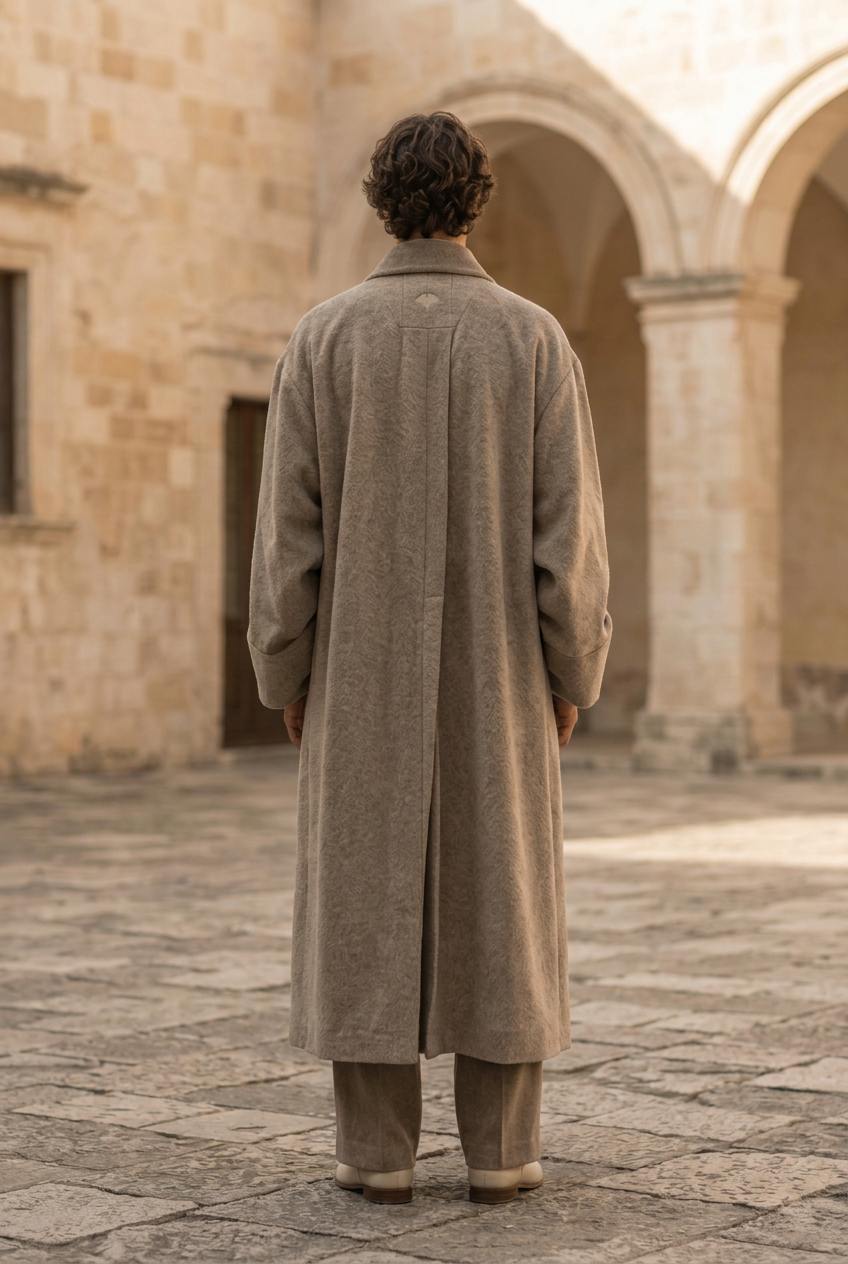 Herick & Belle men's taupe wool coat, back view
