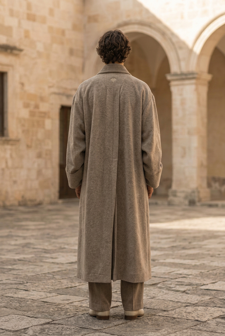 Herick & Belle men's taupe wool coat, back view