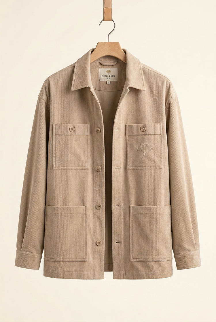 Herick & Belle City Explorer sand jacket with tonal ginkgo embroidery, front view