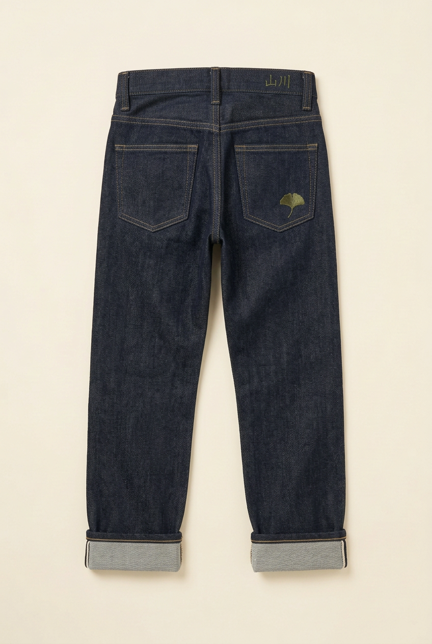 Design preview: SANSEN JUNIOR jeans back with ginkgo and 山川 embroidery
