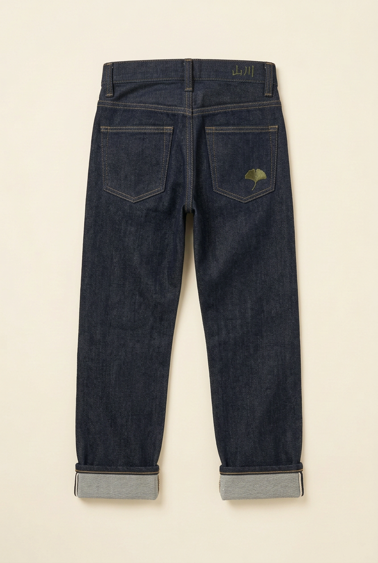 Design preview: SANSEN JUNIOR jeans back with ginkgo and 山川 embroidery