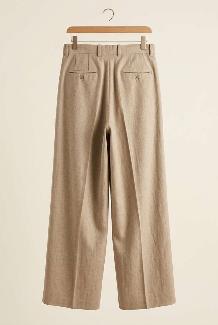 Herick & Belle Layering Style sand wide pleated trousers, back