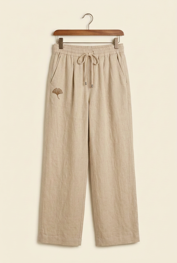 Soft Essentials sand drawstring trousers on hanger, front