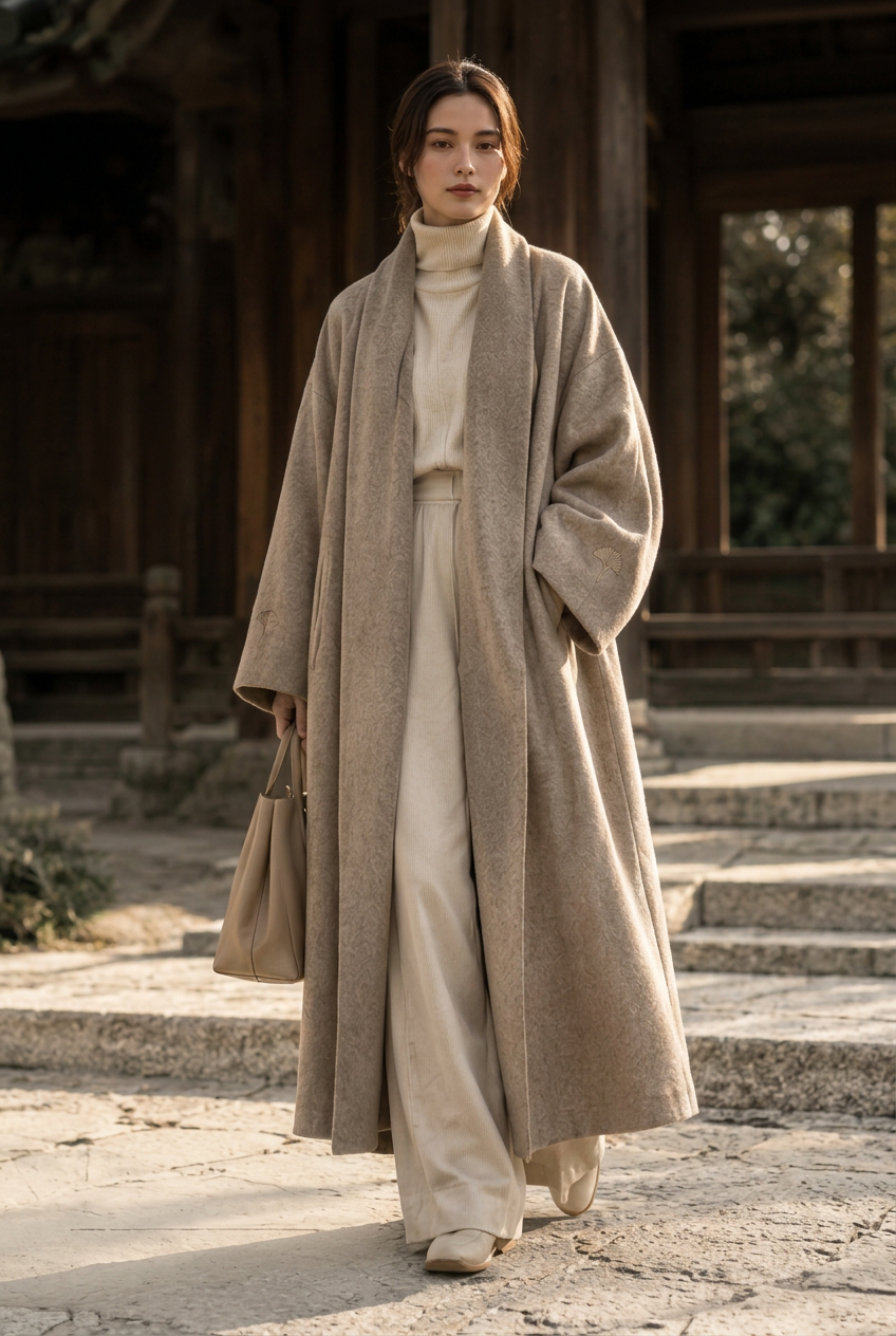 Herick & Belle women's taupe wool coat, front view on model