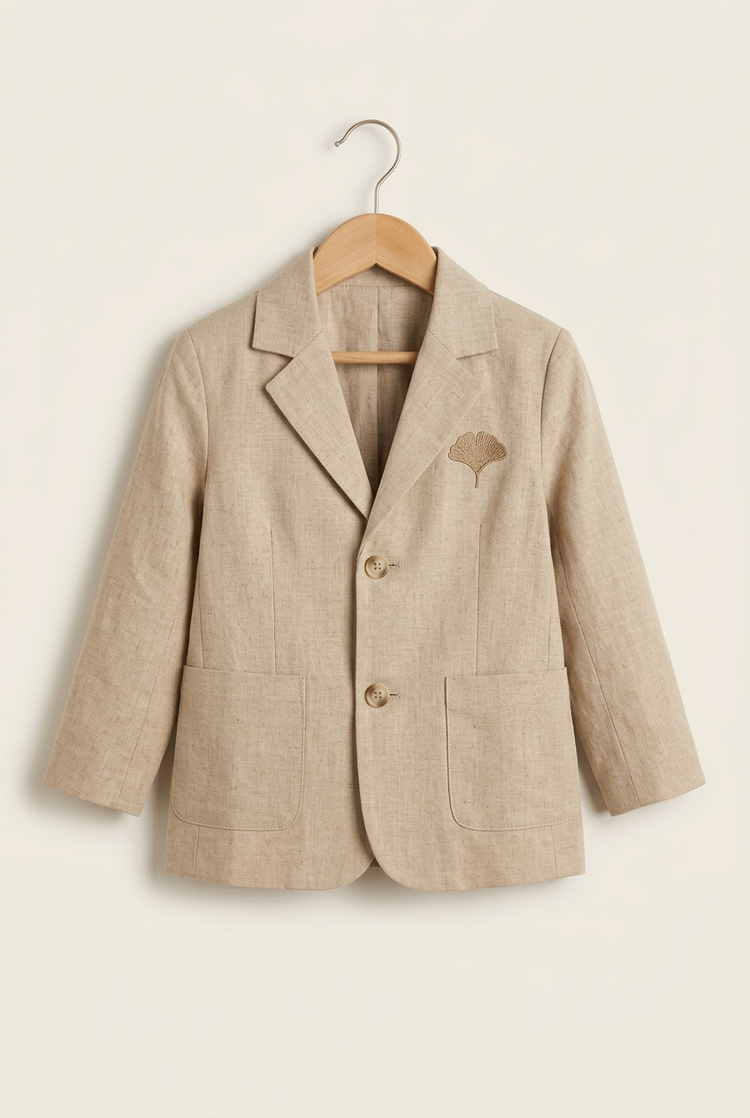 Minimal Luxury junior blazer in sand, front on hanger