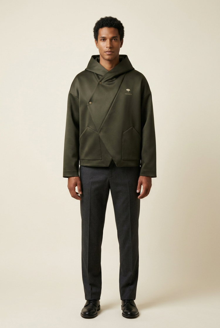 SANSEN forest-green haori-inspired hooded jacket concept on model, front view