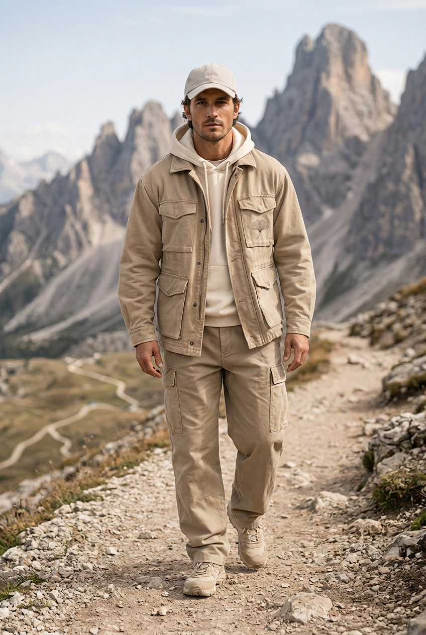 Herick & Belle Outdoor Balance field jacket worn by male model in mountains