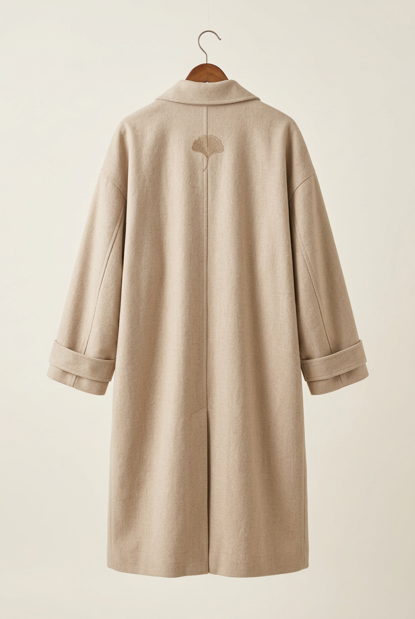 Minimal Luxury sand oversized coat, back with small ginkgo at centre back