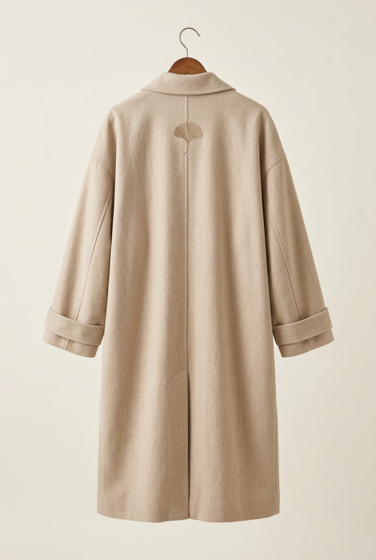 Minimal Luxury sand oversized coat, back with small ginkgo at centre back