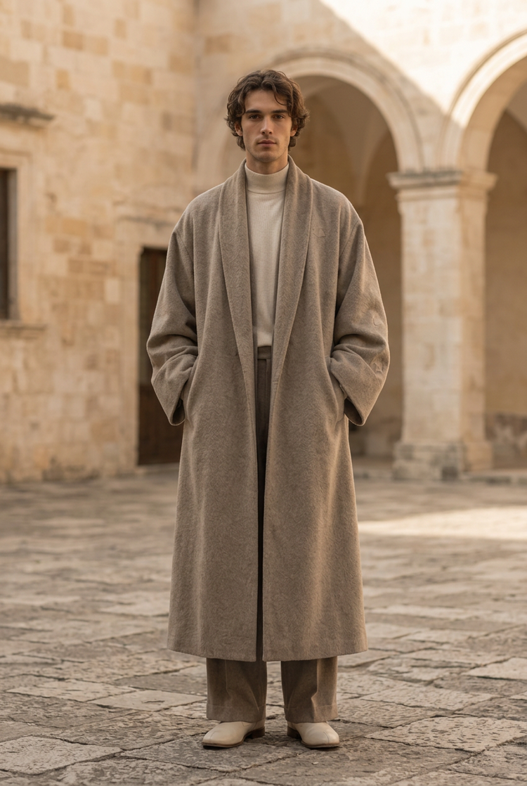 Herick & Belle men's taupe wool coat, front view on model