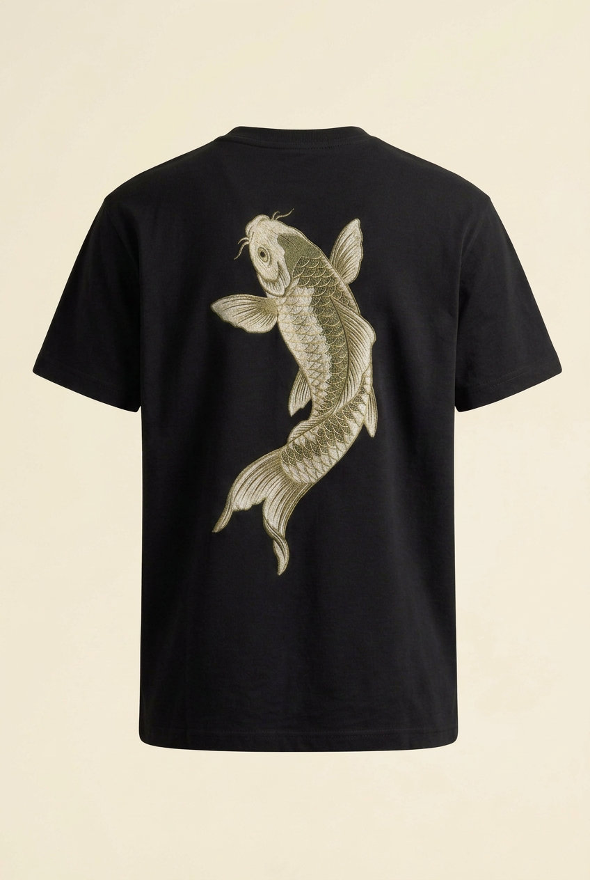 SANSEN Koi black T-shirt back with koi motif, AI design preview
