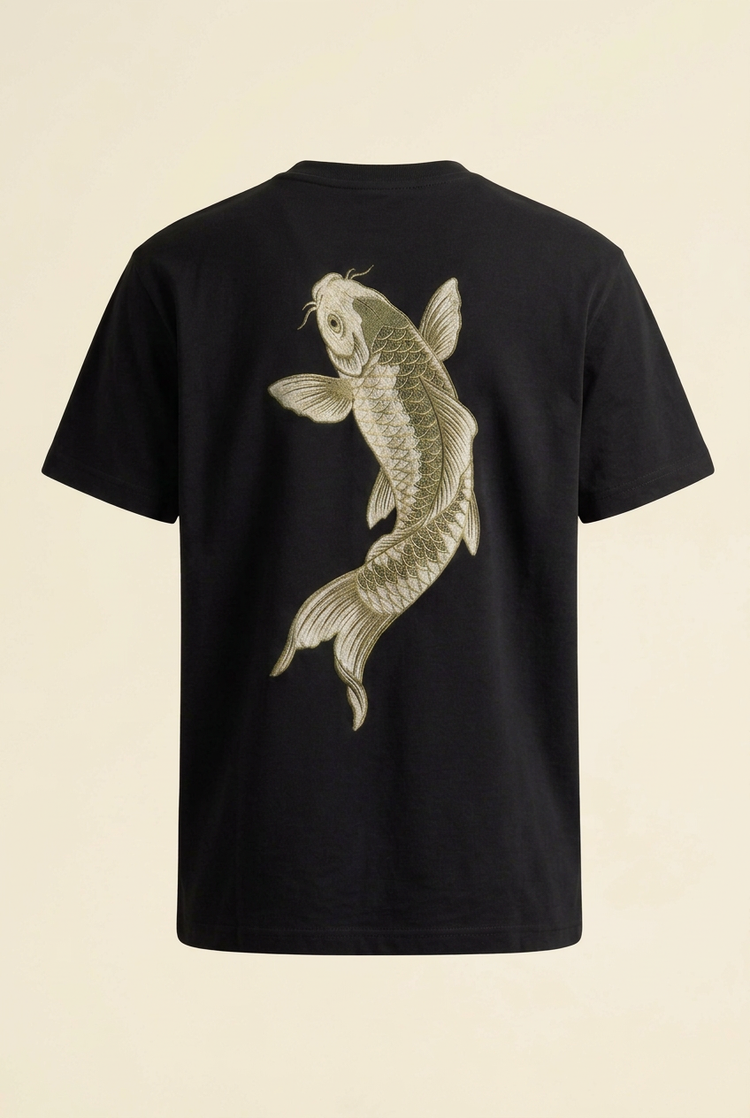 SANSEN Koi black T-shirt back with koi motif, AI design preview