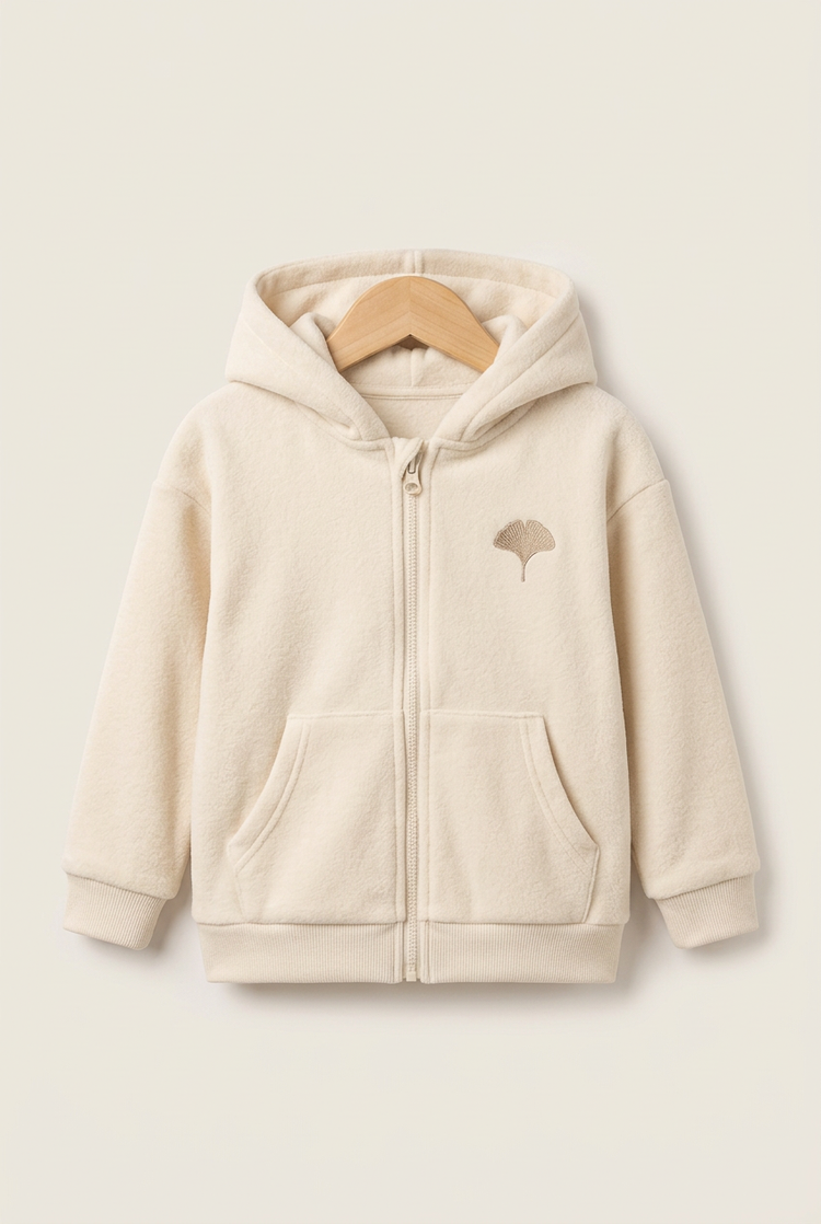 Sporty Minimal junior zip hoodie in ivory, front on hanger