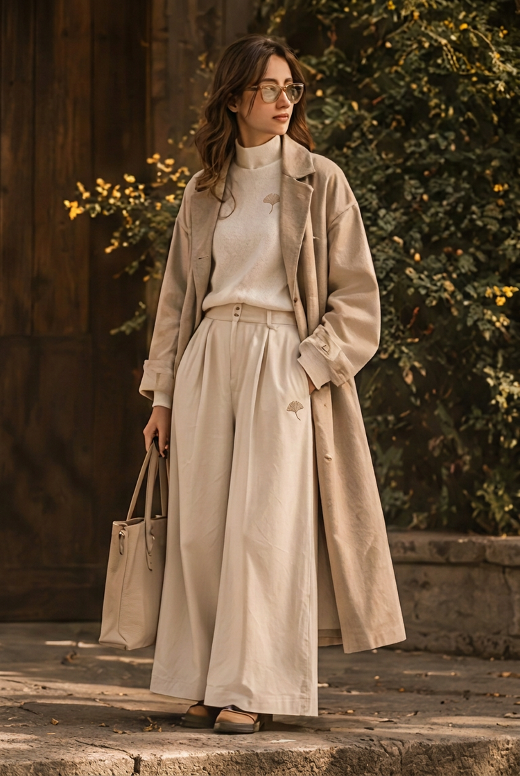 Model wearing the Minimal Luxury sand oversized coat open