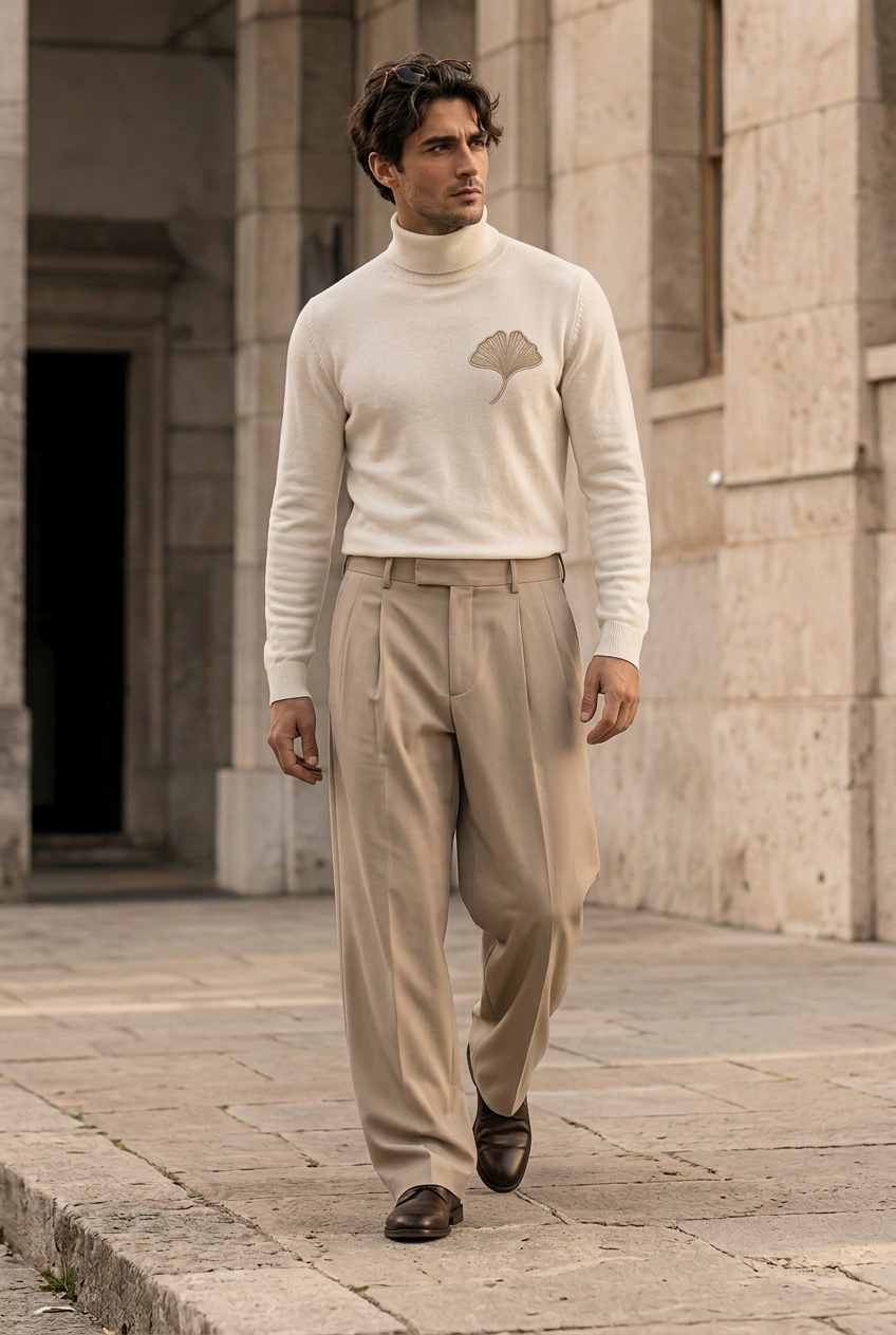 Herick & Belle Layering Style ivory ginkgo turtleneck worn by male model