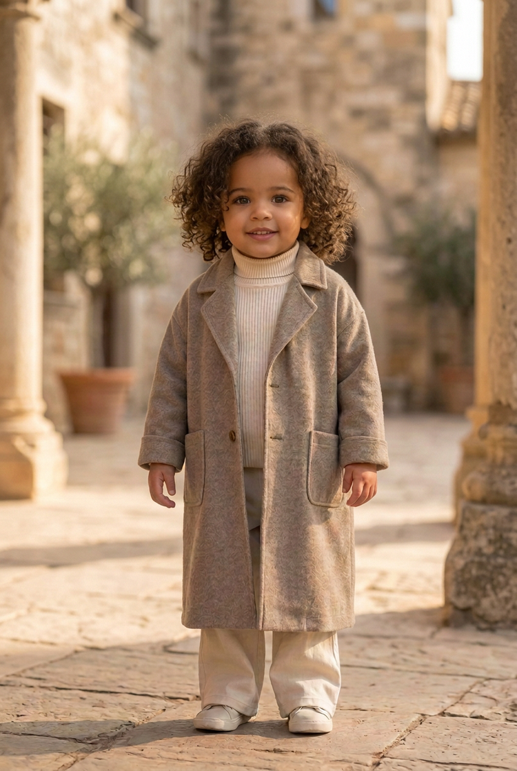 Herick & Belle junior taupe coat worn by a smiling girl with loose curls
