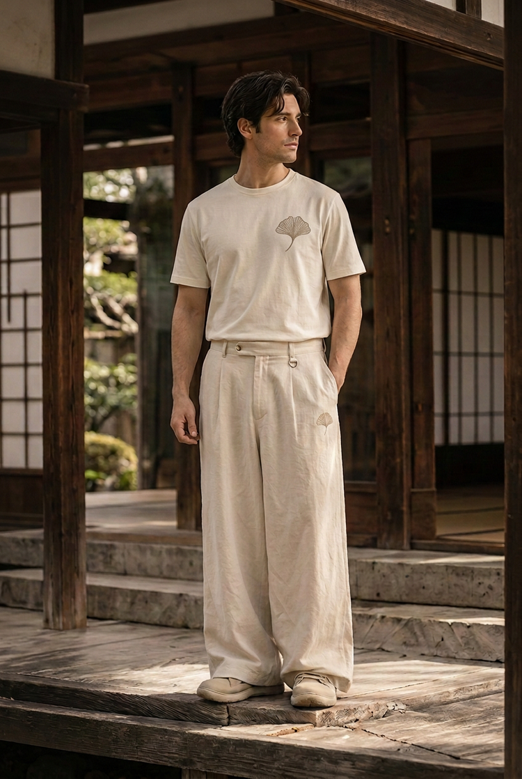 Herick & Belle Japanese Heritage ivory ginkgo tee worn by male model