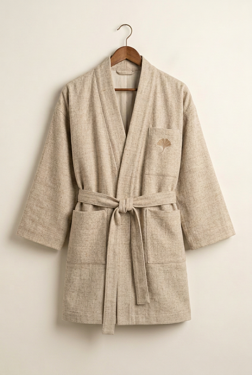 Japanese Heritage long noragi kimono jacket in sand wool-linen, front on hanger