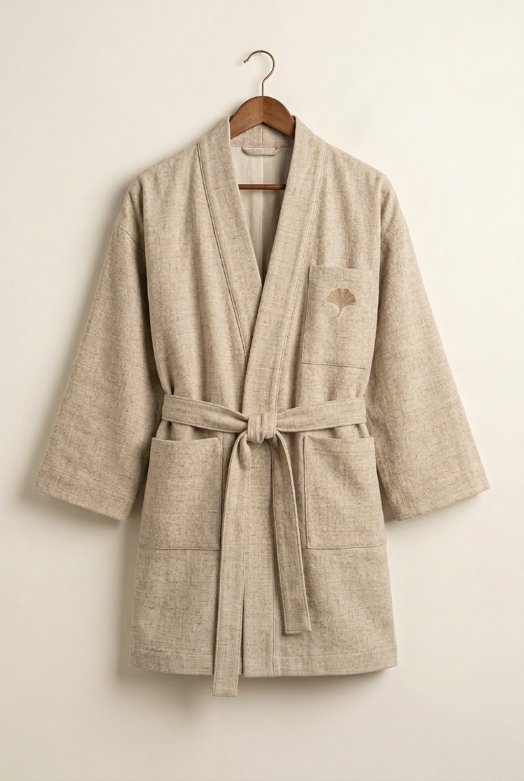 Japanese Heritage long noragi kimono jacket in sand wool-linen, front on hanger