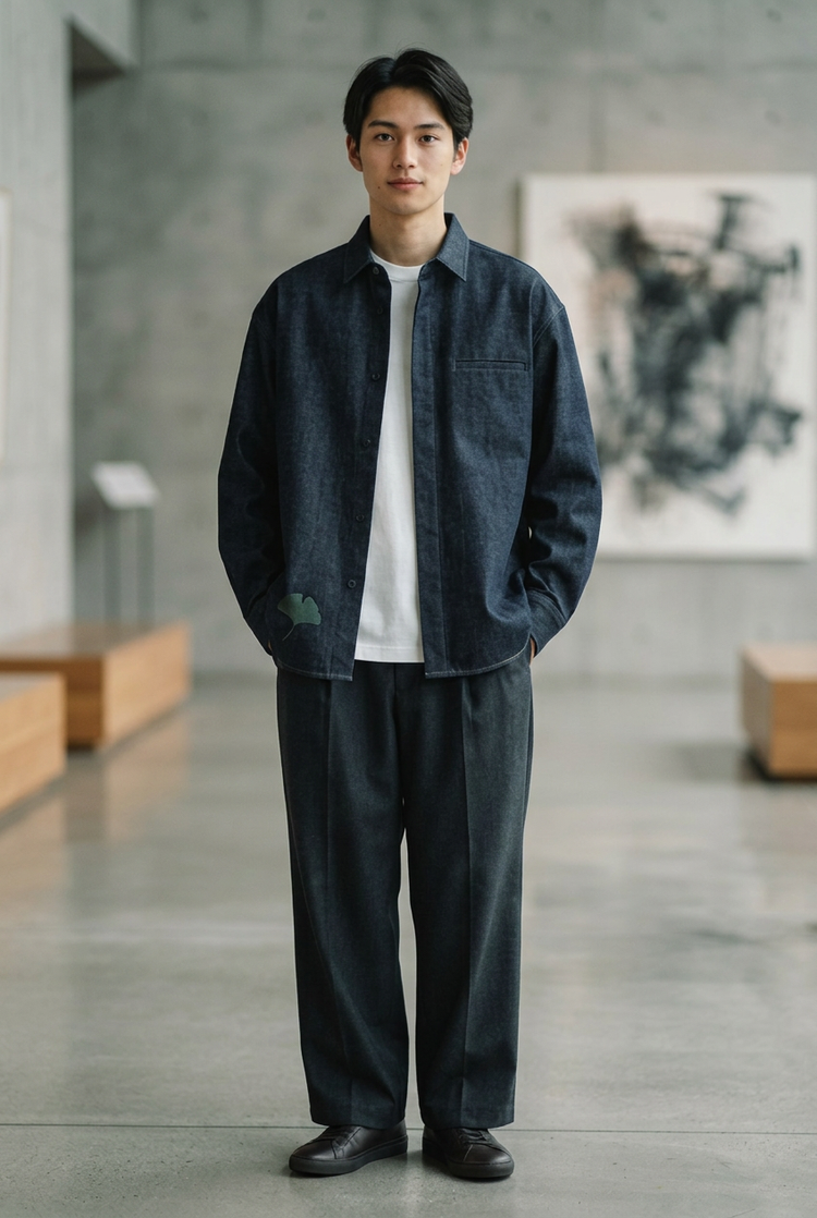 Model wearing the SANSEN navy jacket and trousers with a white T-shirt
