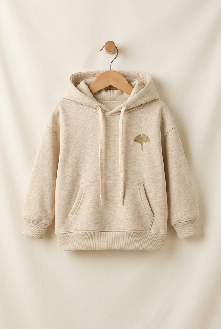 Outdoor Balance junior hoodie in oatmeal, front on hanger
