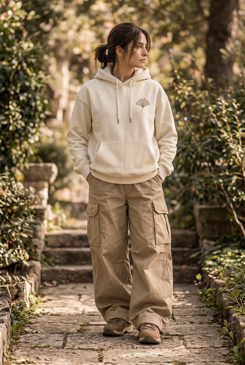 Model wearing the Outdoor Balance ivory hoodie