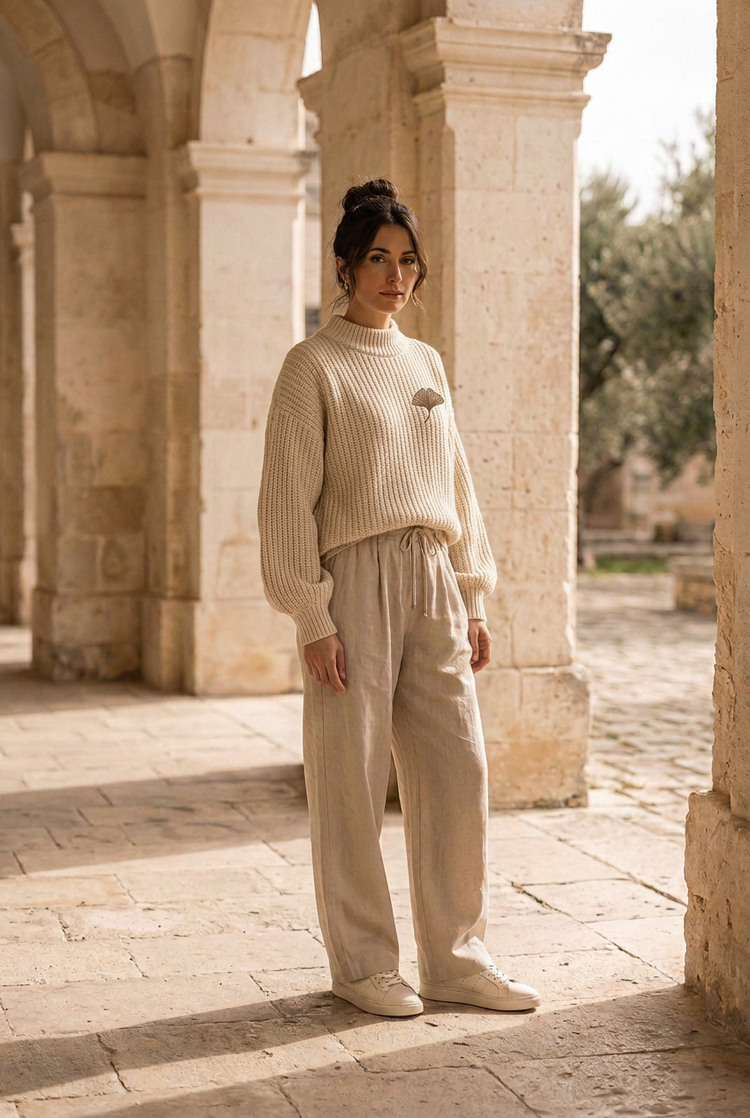 Model wearing the Soft Essentials oatmeal chunky rib sweater