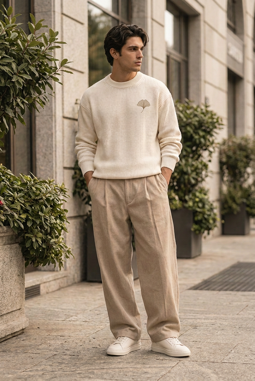 Herick & Belle Essentials ivory ribbed ginkgo knit worn by model