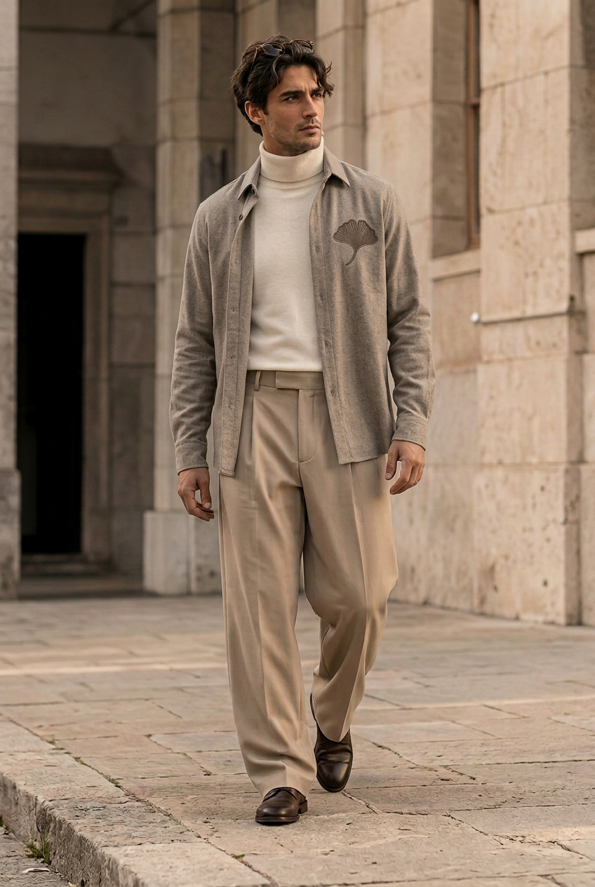 Herick & Belle Layering Style taupe ginkgo overshirt worn open by male model
