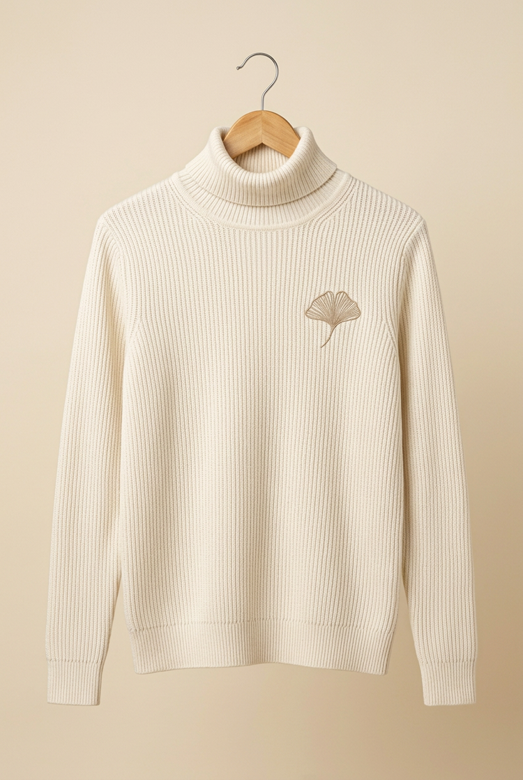 Layering Style ivory ribbed turtleneck on hanger, front