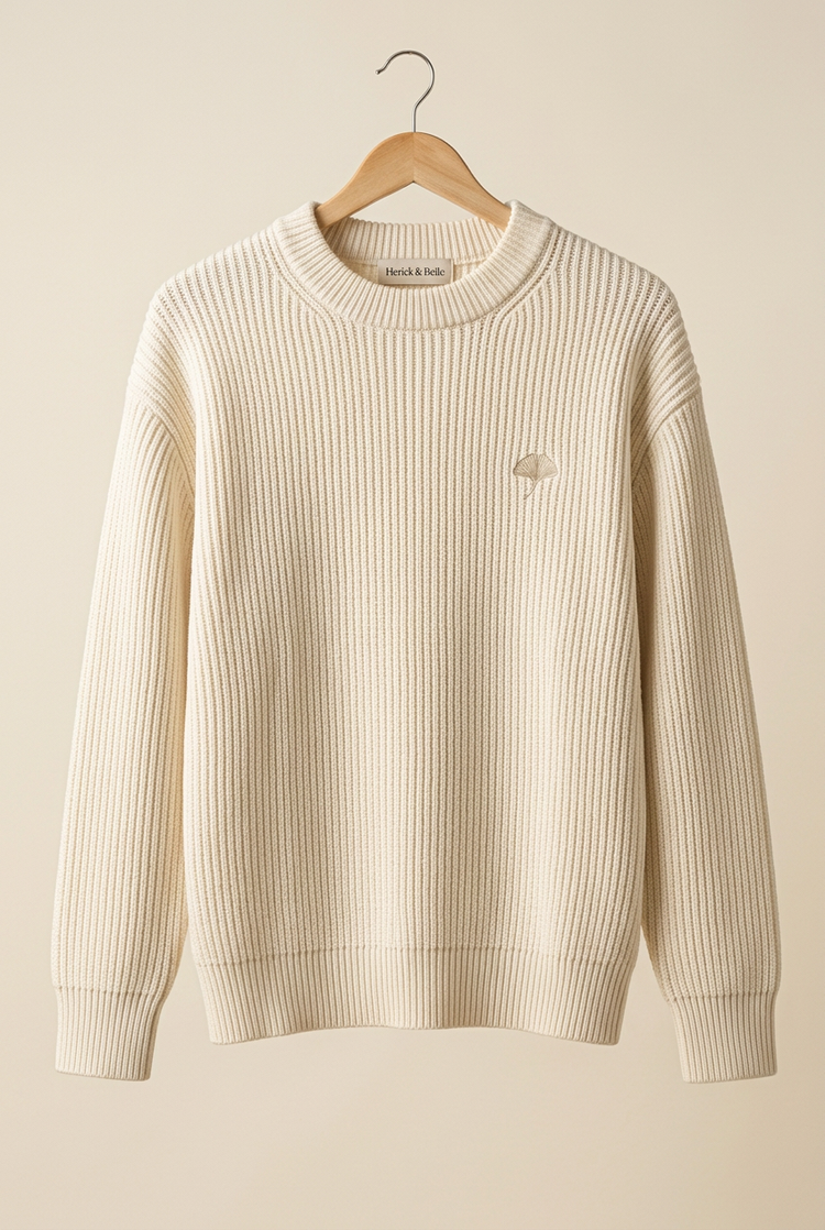 Herick & Belle Essentials ivory ribbed ginkgo knit, front