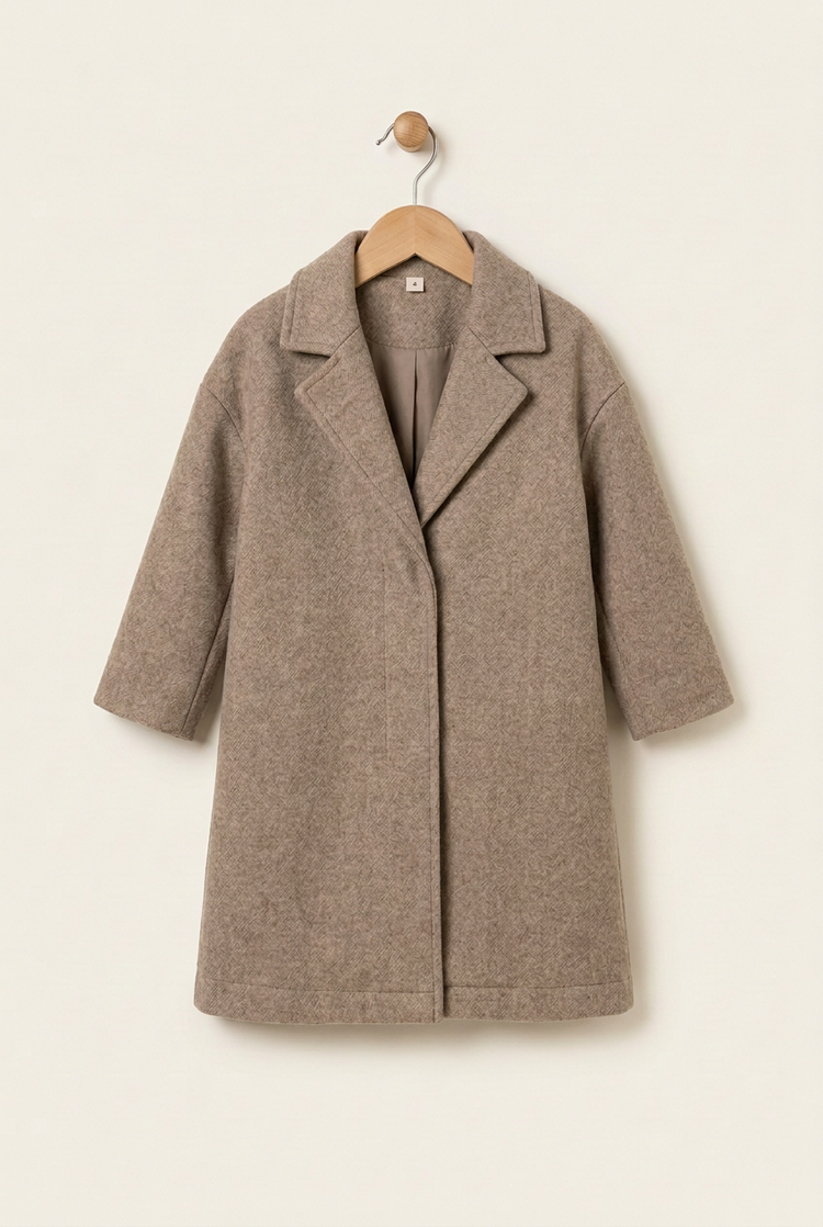Layering Style junior wool coat in taupe, clean front on hanger