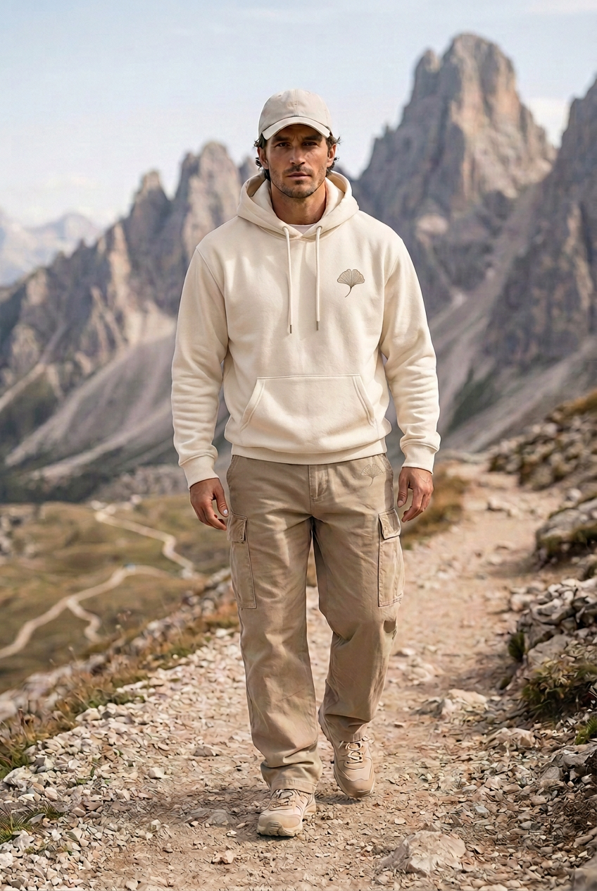 Herick & Belle Outdoor Balance cargo trousers worn by male model on mountain path