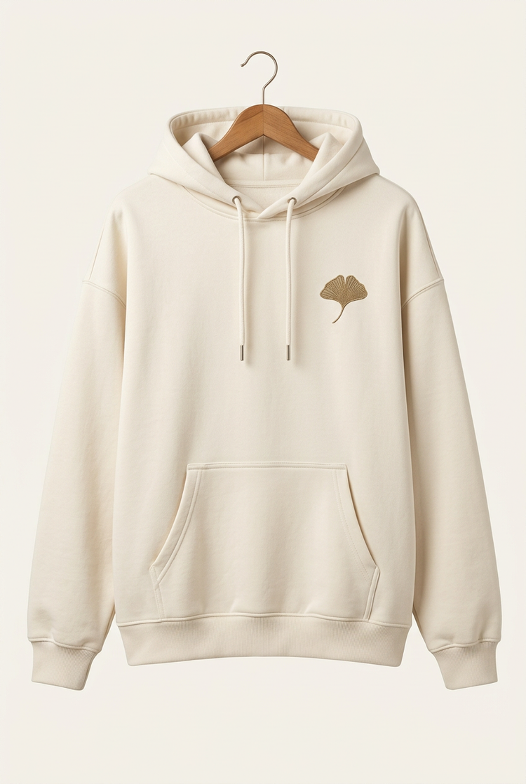 Herick & Belle Sporty Minimal ivory ginkgo hoodie, front