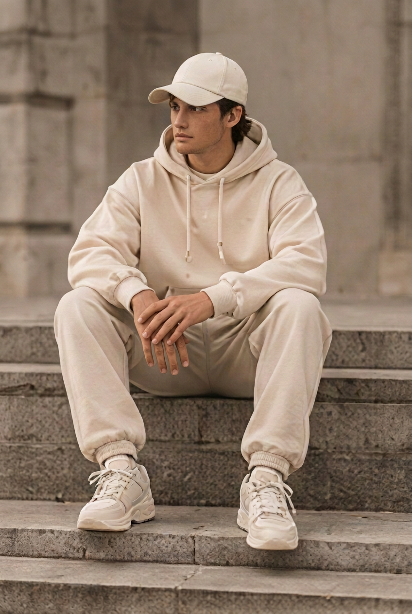 Herick & Belle Sporty Minimal look 07, seated model in ivory tracksuit